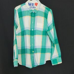 J. Crew Teal, White & Yellow Plaid Button-Down Shirt